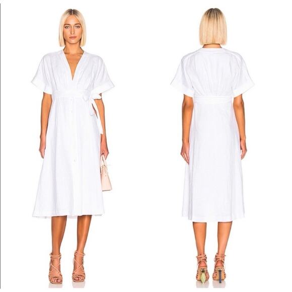 Equipment Nauman Linen Deep V Neck Midi Dress in Bright White Size 8 - Picture 2 of 7